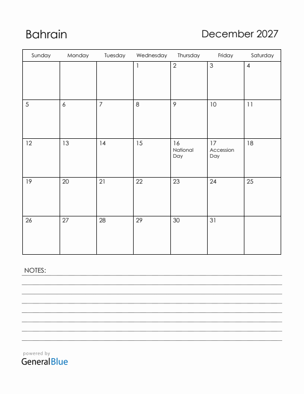 December 2027 Bahrain Calendar with Holidays (Sunday Start)