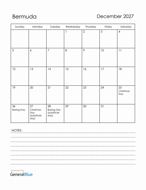 December 2027 Bermuda Calendar with Holidays (Sunday Start)