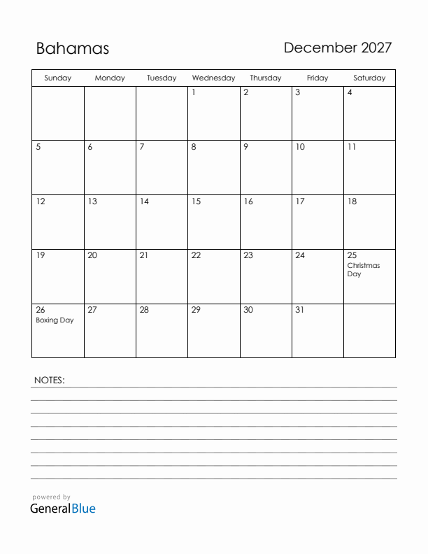 December 2027 Bahamas Calendar with Holidays (Sunday Start)