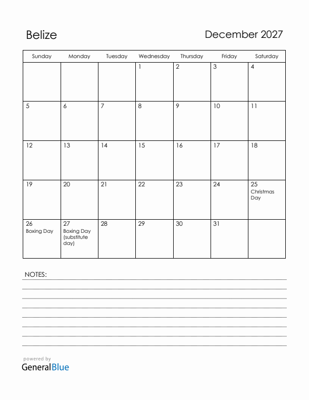 December 2027 Belize Calendar with Holidays (Sunday Start)