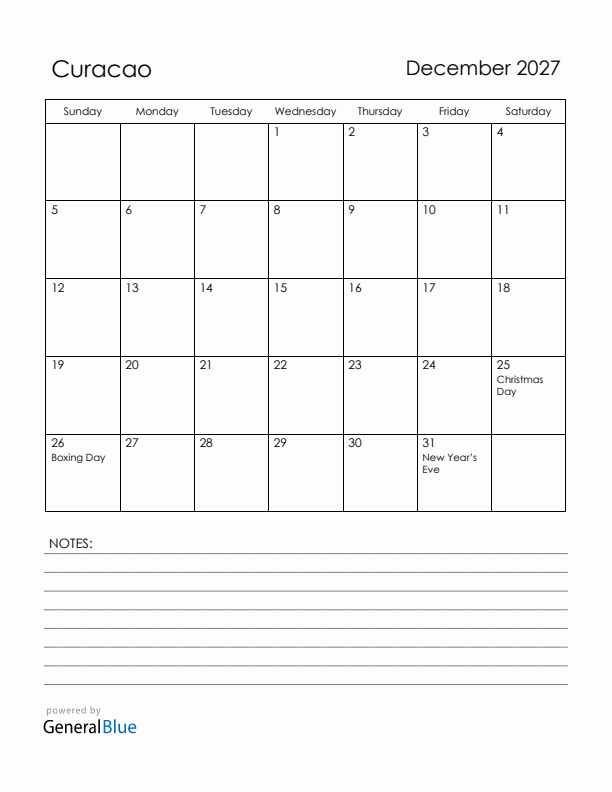 December 2027 Curacao Calendar with Holidays (Sunday Start)