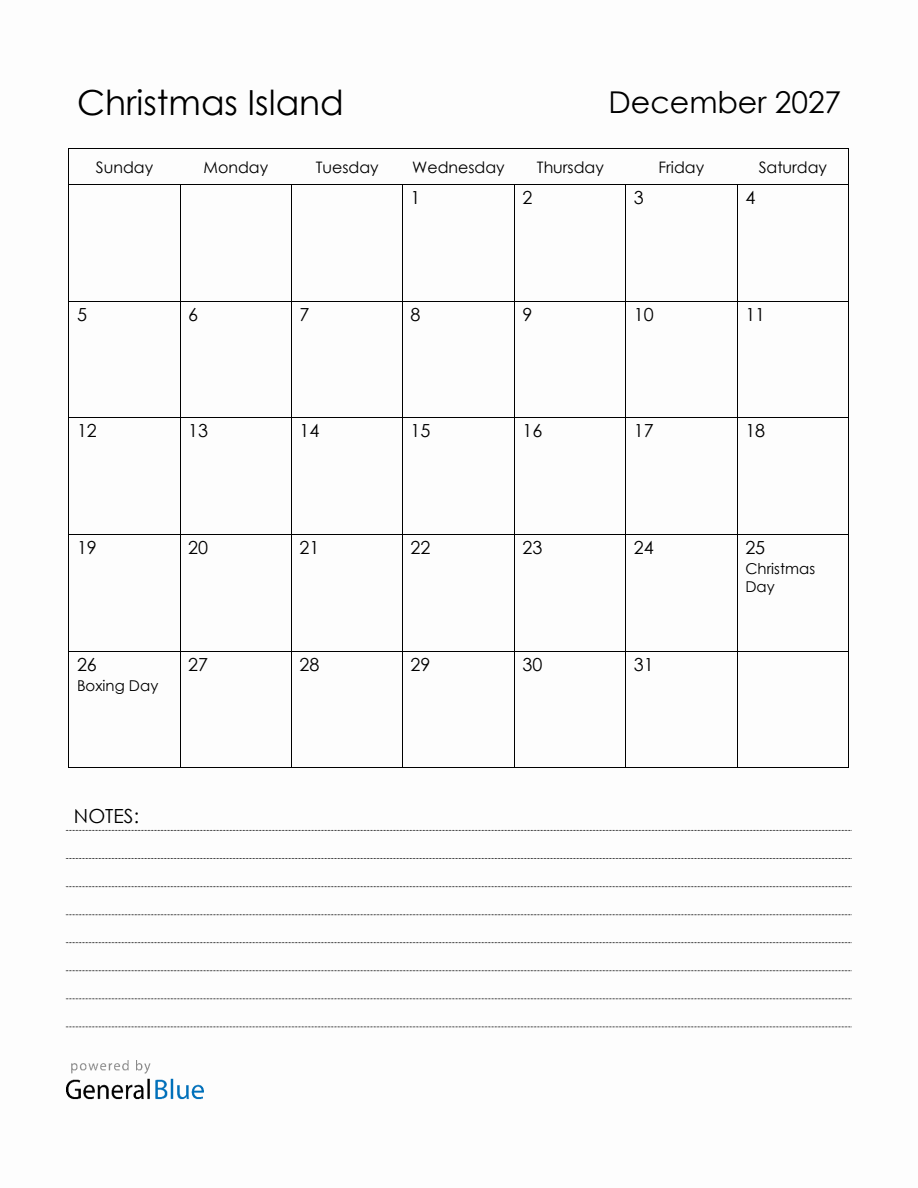 December 2027 Christmas Island Calendar with Holidays