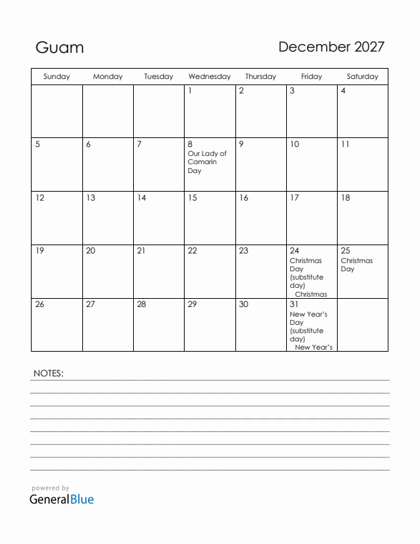 December 2027 Guam Calendar with Holidays (Sunday Start)