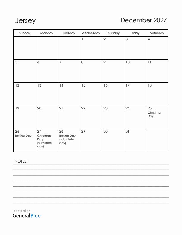 December 2027 Jersey Calendar with Holidays (Sunday Start)