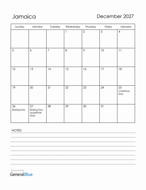 December 2027 Jamaica Calendar with Holidays (Sunday Start)