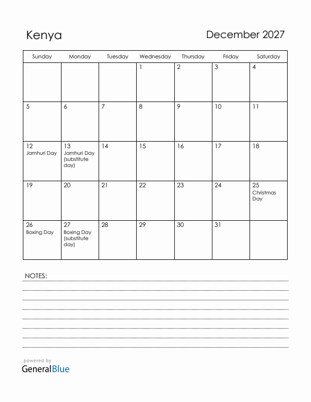 December 2027 Kenya Calendar with Holidays (Sunday Start)