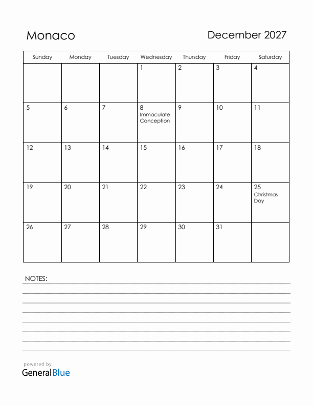 December 2027 Monaco Calendar with Holidays (Sunday Start)