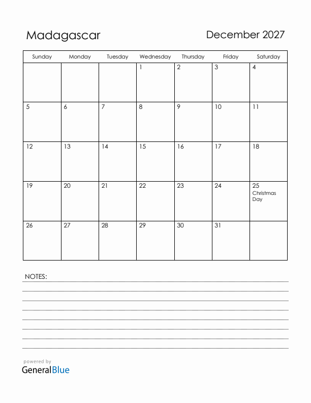 December 2027 Madagascar Calendar with Holidays (Sunday Start)