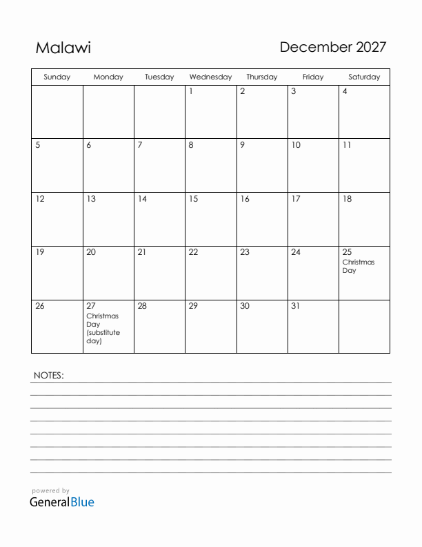 December 2027 Malawi Calendar with Holidays (Sunday Start)