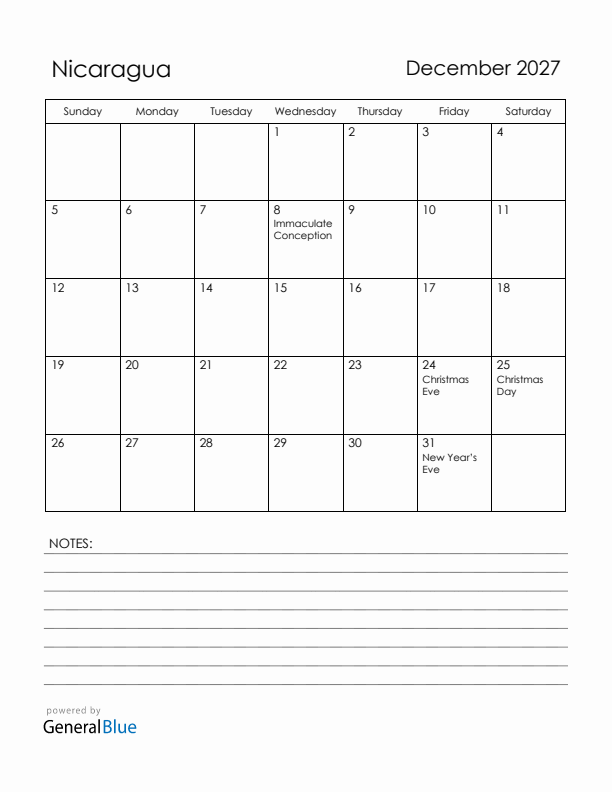 December 2027 Nicaragua Calendar with Holidays (Sunday Start)