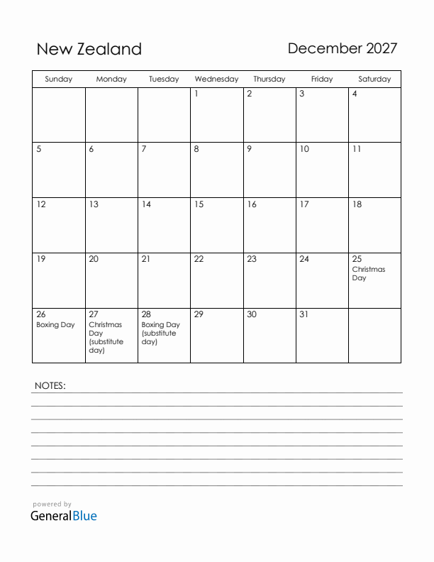 December 2027 New Zealand Calendar with Holidays (Sunday Start)