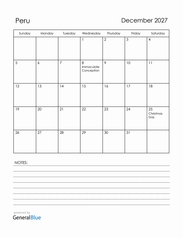 December 2027 Peru Calendar with Holidays (Sunday Start)