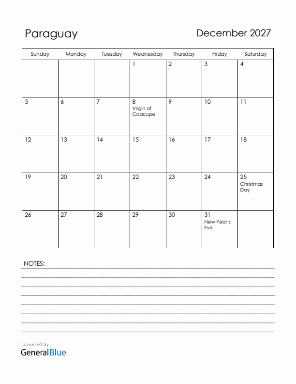 December 2027 Paraguay Calendar with Holidays (Sunday Start)
