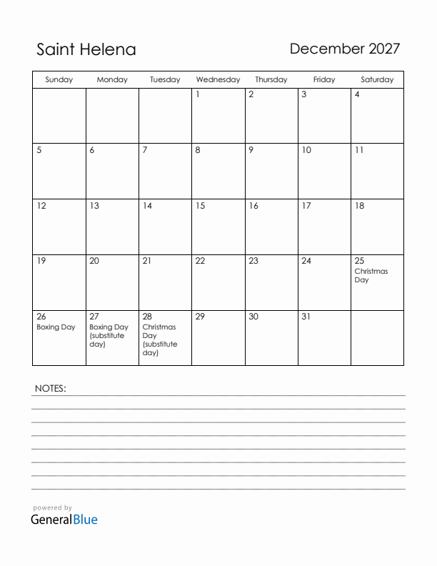 December 2027 Saint Helena Calendar with Holidays (Sunday Start)