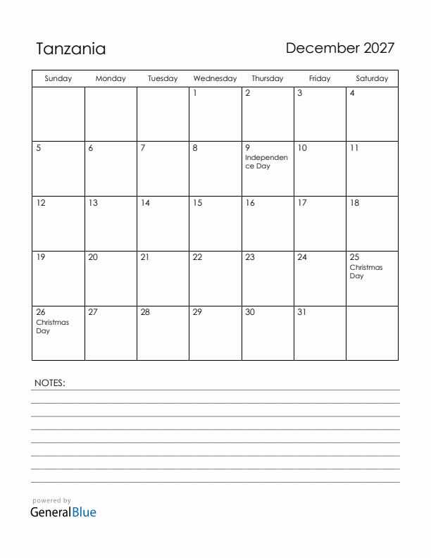 December 2027 Tanzania Calendar with Holidays (Sunday Start)