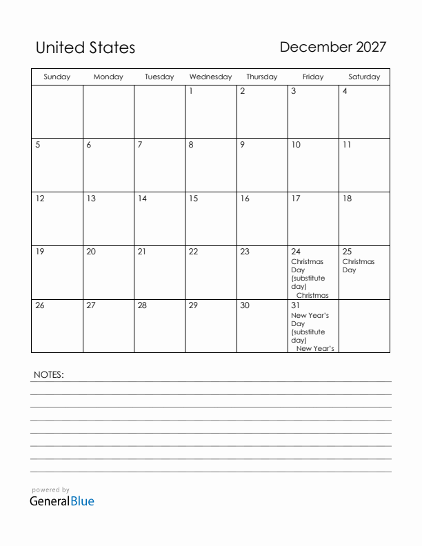 December 2027 United States Calendar with Holidays (Sunday Start)