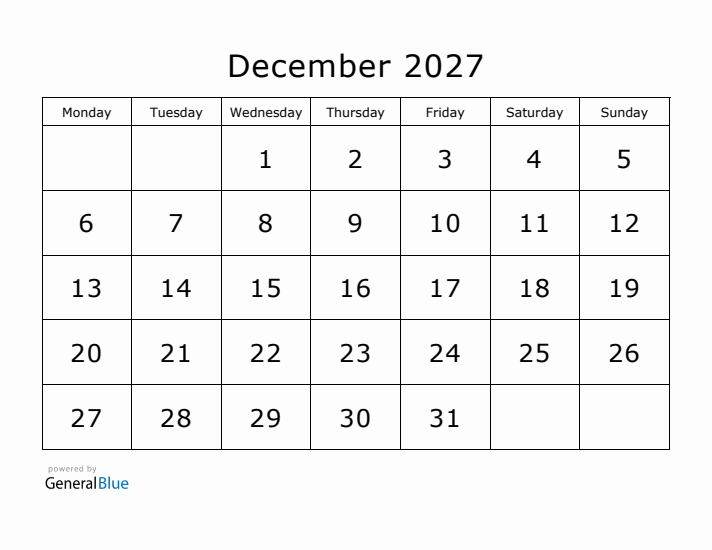Printable December 2027 Calendar - Monday Start