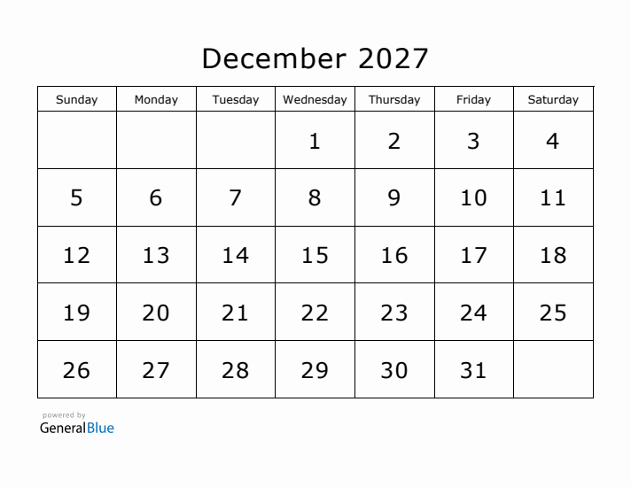 Printable December 2027 Calendar - Sunday Start