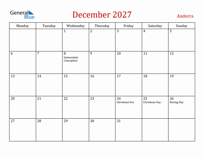 Andorra December 2027 Calendar - Monday Start