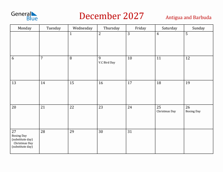 Antigua and Barbuda December 2027 Calendar - Monday Start