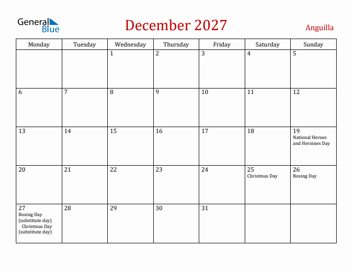 Anguilla December 2027 Calendar - Monday Start