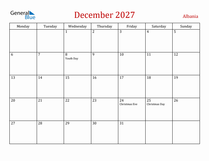 Albania December 2027 Calendar - Monday Start