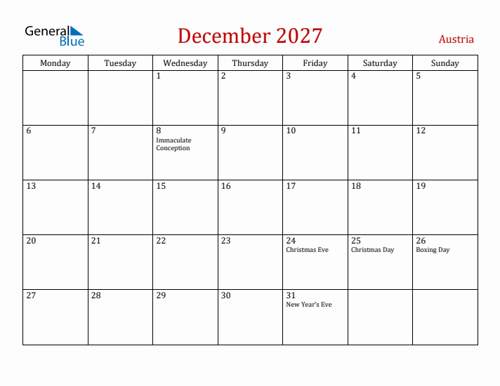 Austria December 2027 Calendar - Monday Start