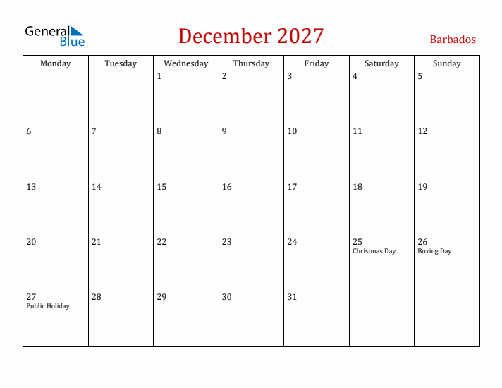 Barbados December 2027 Calendar - Monday Start