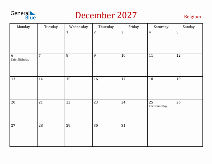Belgium December 2027 Calendar - Monday Start