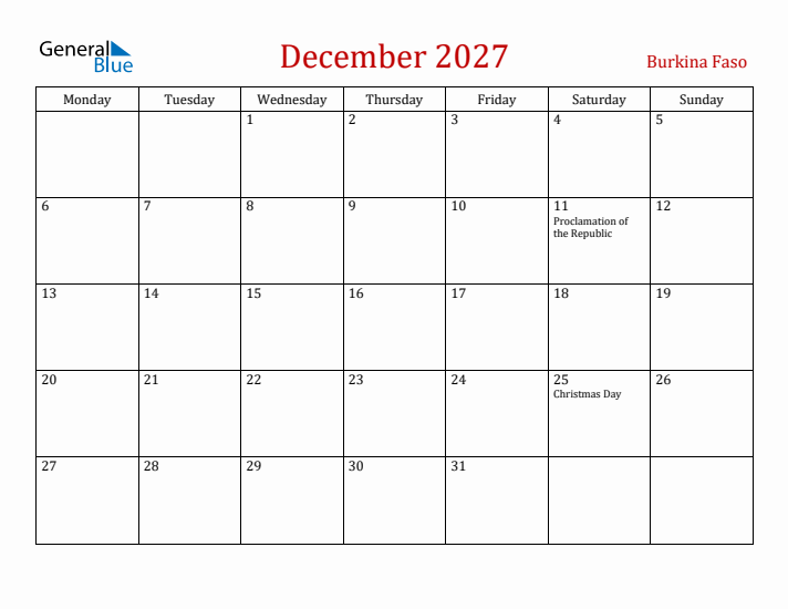 Burkina Faso December 2027 Calendar - Monday Start