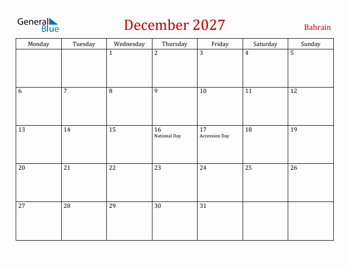 Bahrain December 2027 Calendar - Monday Start