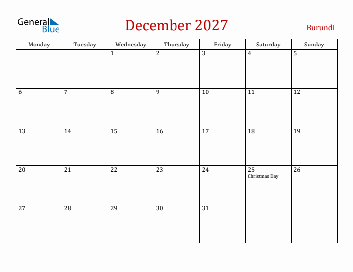 Burundi December 2027 Calendar - Monday Start