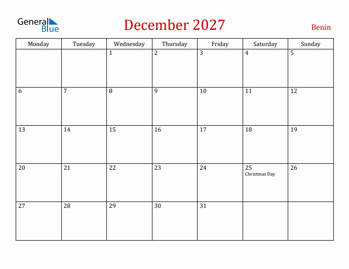 Benin December 2027 Calendar - Monday Start