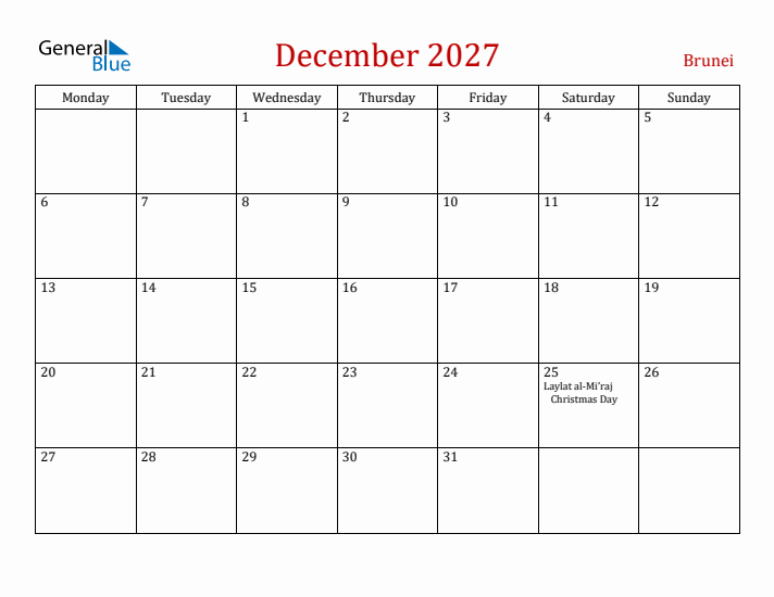 Brunei December 2027 Calendar - Monday Start