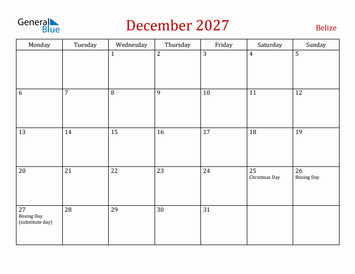 Belize December 2027 Calendar - Monday Start