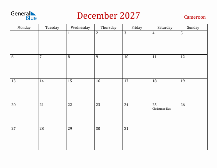 Cameroon December 2027 Calendar - Monday Start