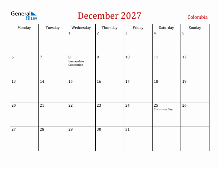 Colombia December 2027 Calendar - Monday Start