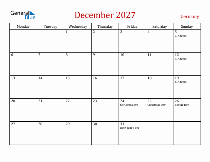Germany December 2027 Calendar - Monday Start