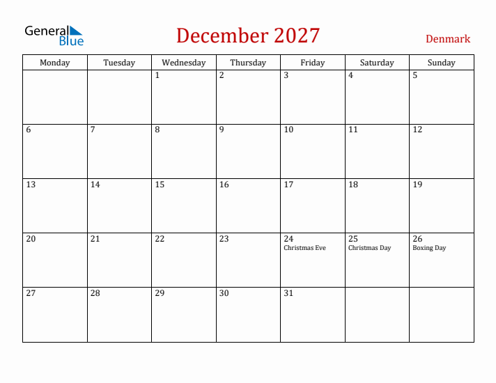 Denmark December 2027 Calendar - Monday Start