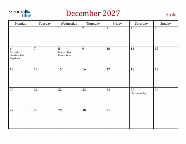 Spain December 2027 Calendar - Monday Start