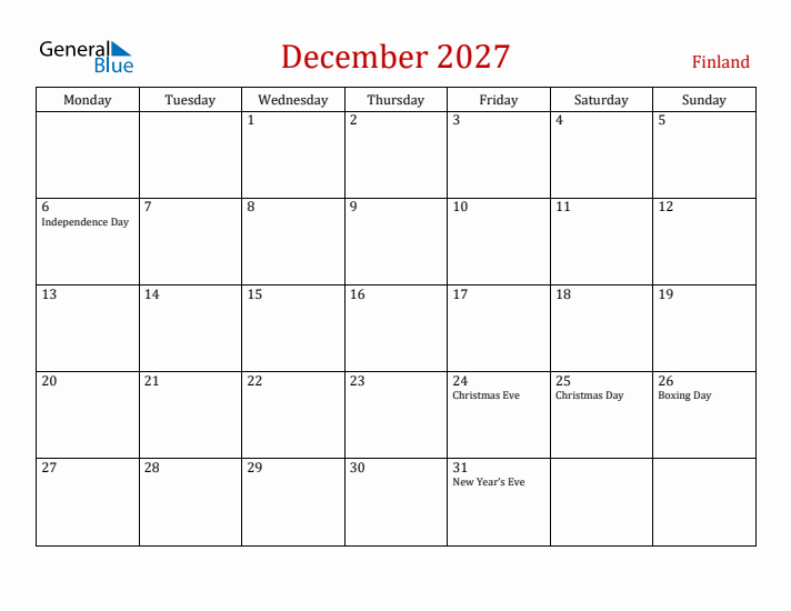 Finland December 2027 Calendar - Monday Start