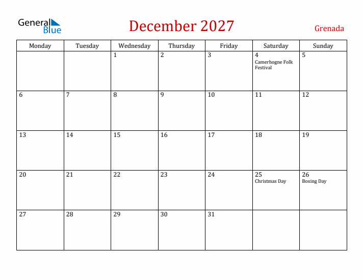 Grenada December 2027 Calendar - Monday Start