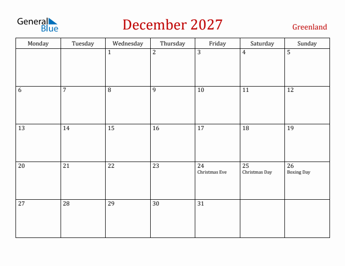 Greenland December 2027 Calendar - Monday Start