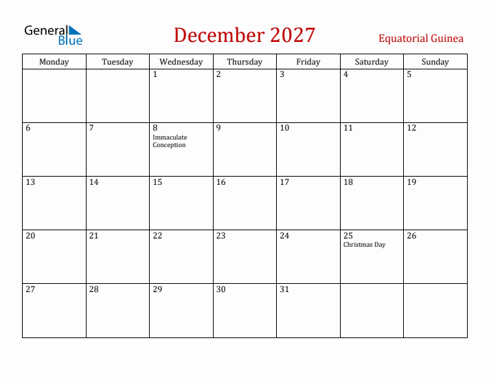 Equatorial Guinea December 2027 Calendar - Monday Start
