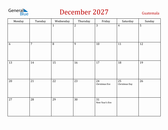 Guatemala December 2027 Calendar - Monday Start
