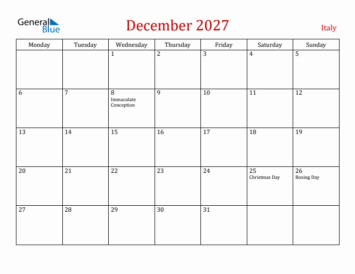 Italy December 2027 Calendar - Monday Start