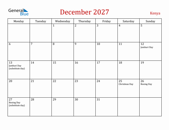 Kenya December 2027 Calendar - Monday Start