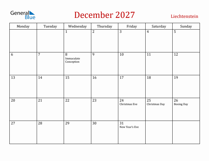 Liechtenstein December 2027 Calendar - Monday Start