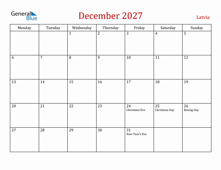 Latvia December 2027 Calendar - Monday Start