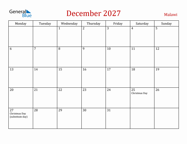 Malawi December 2027 Calendar - Monday Start